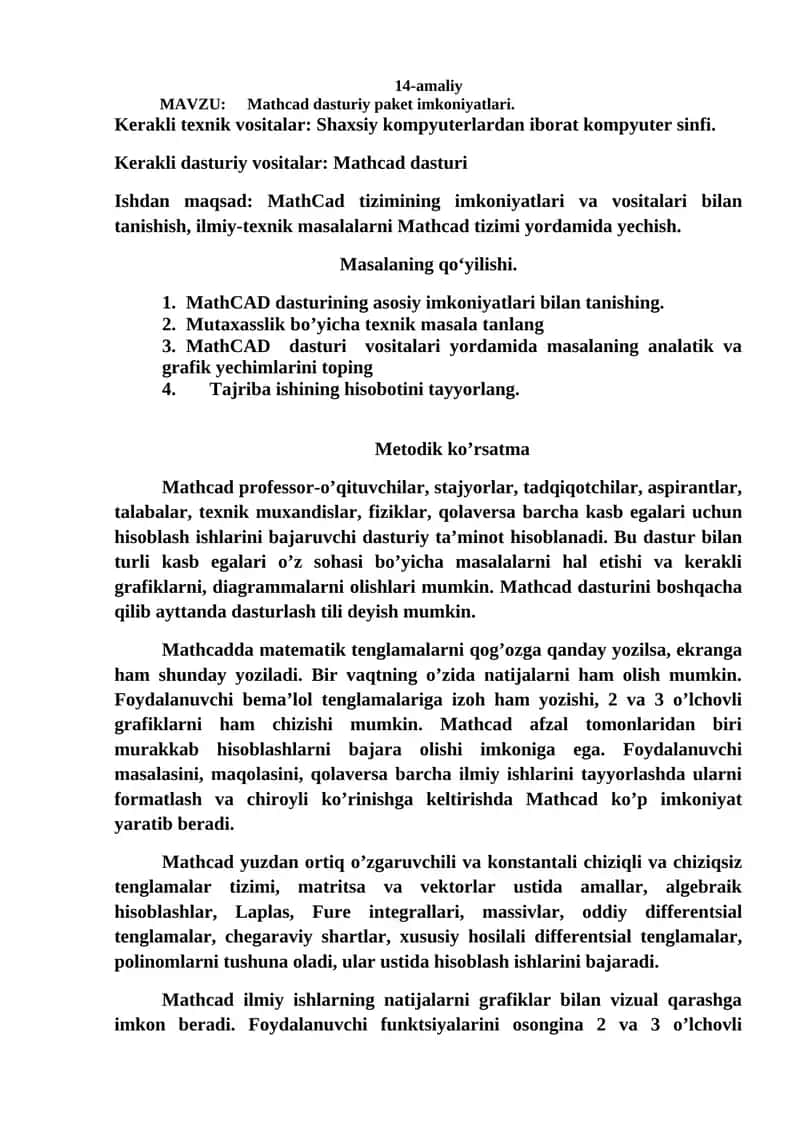 Mathcad dasturiy paket imkoniyatlari