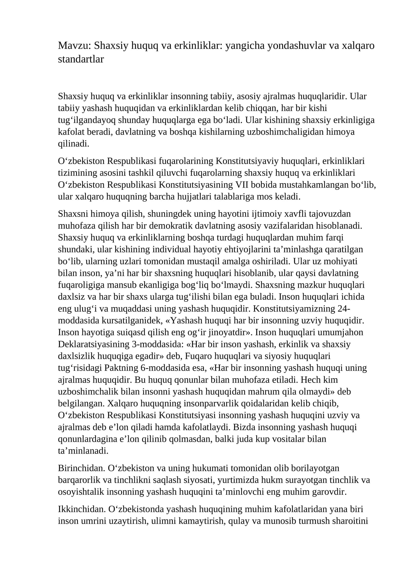 Shaxsiy huquq va erkinliklar: yangicha yondashuvlar va xalqaro standartlar