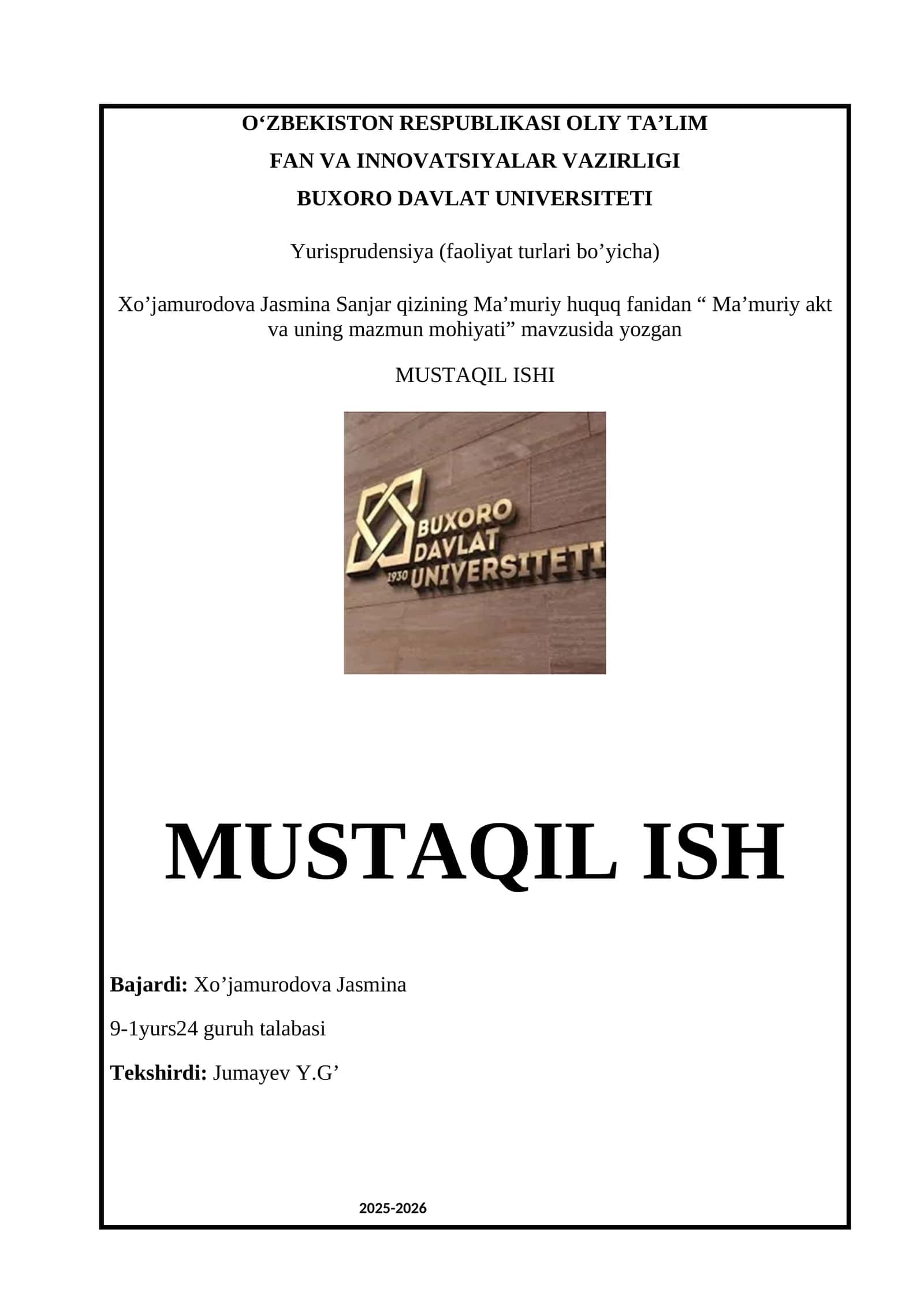 Ma’muriy akt va uning mazmuni hamda mohiyati