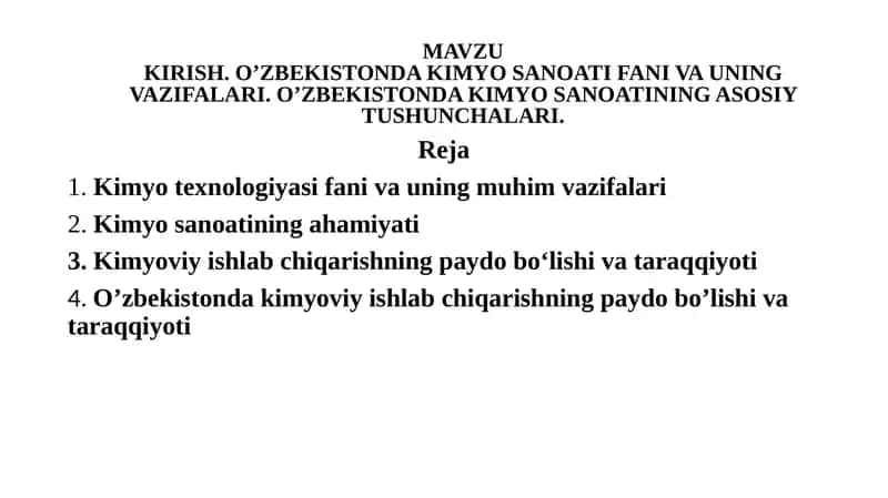 KIRISH. O’ZBEKISTONDA KIMYO SANOATI FANI VA UNING VAZIFALARI. O’ZBEKISTONDA KIMYO SANOATINING ASOSIY TUSHUNCHALARI