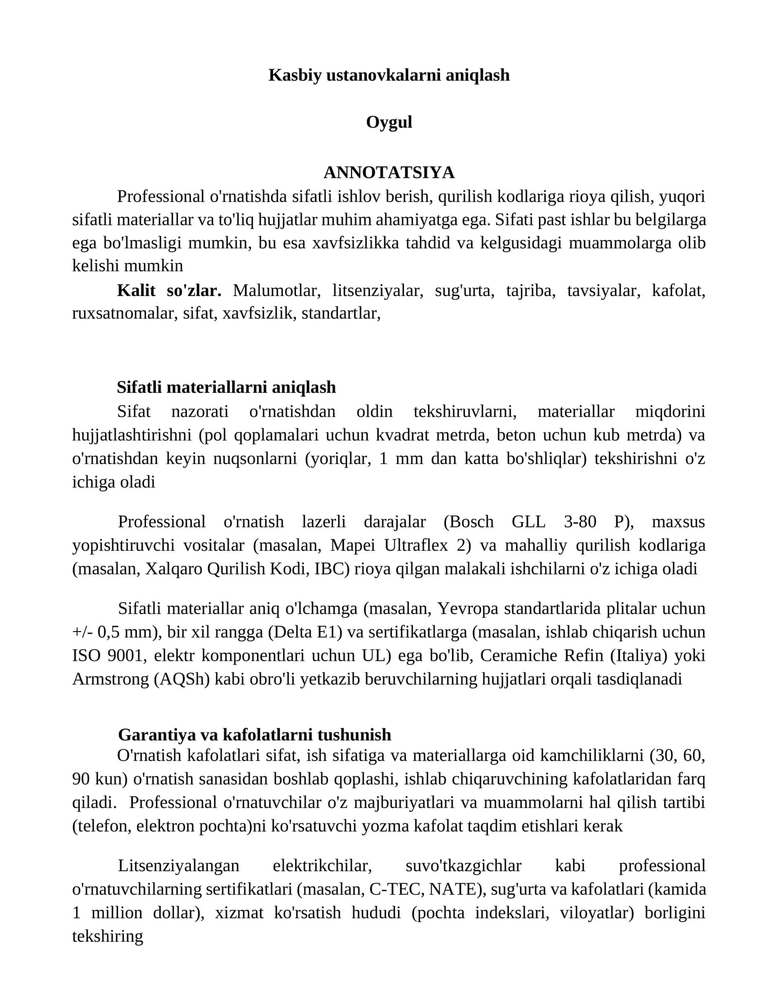 Kasbiy ustanovkalarni aniqlash
