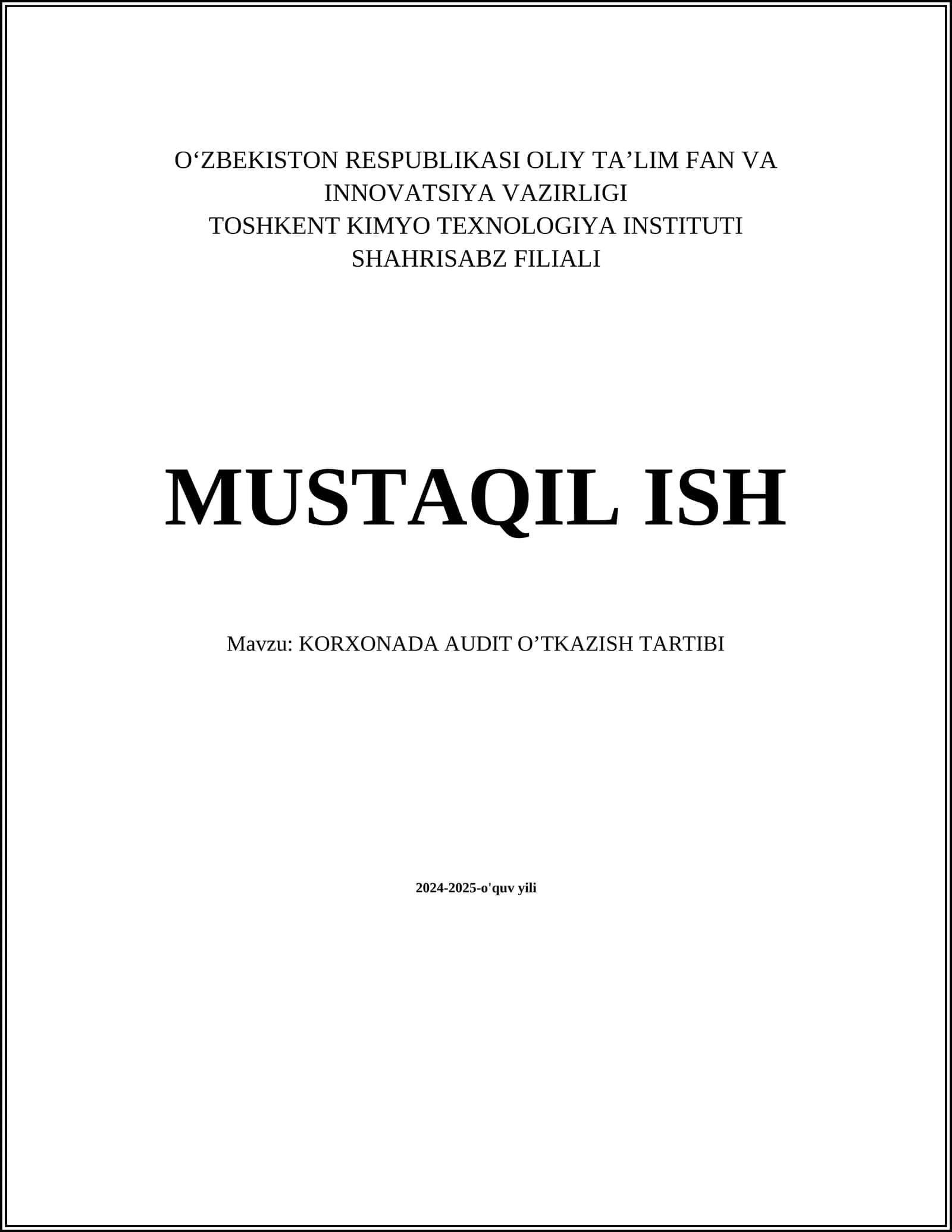 KORXONADA AUDIT OʼTKAZISH TARTIBI