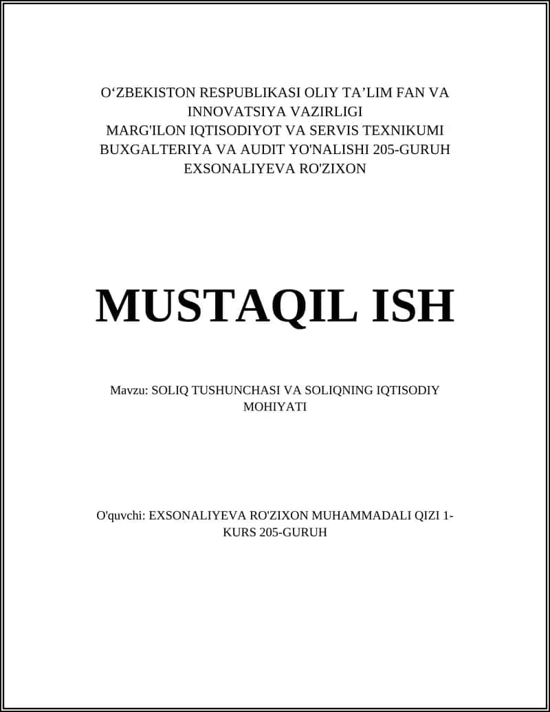 SOLIQ TUSHUNCHASI VA SOLIQNING IQTISODIY MOHIYATI