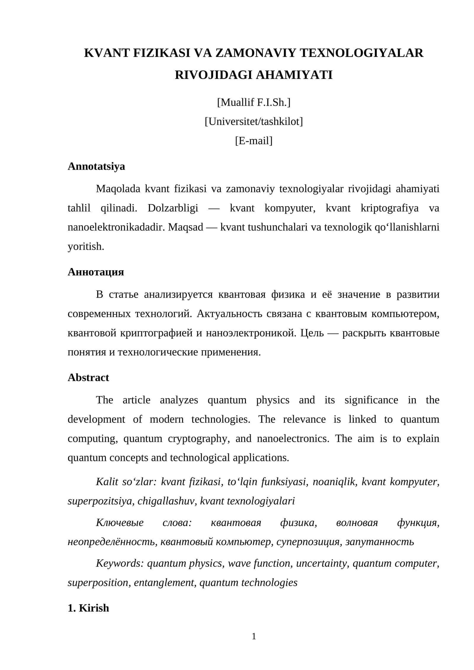 KVANT FIZIKASI VA ZAMONAVIY TEXNOLOGIYALAR RIVOJIDAGI AHAMIYATI