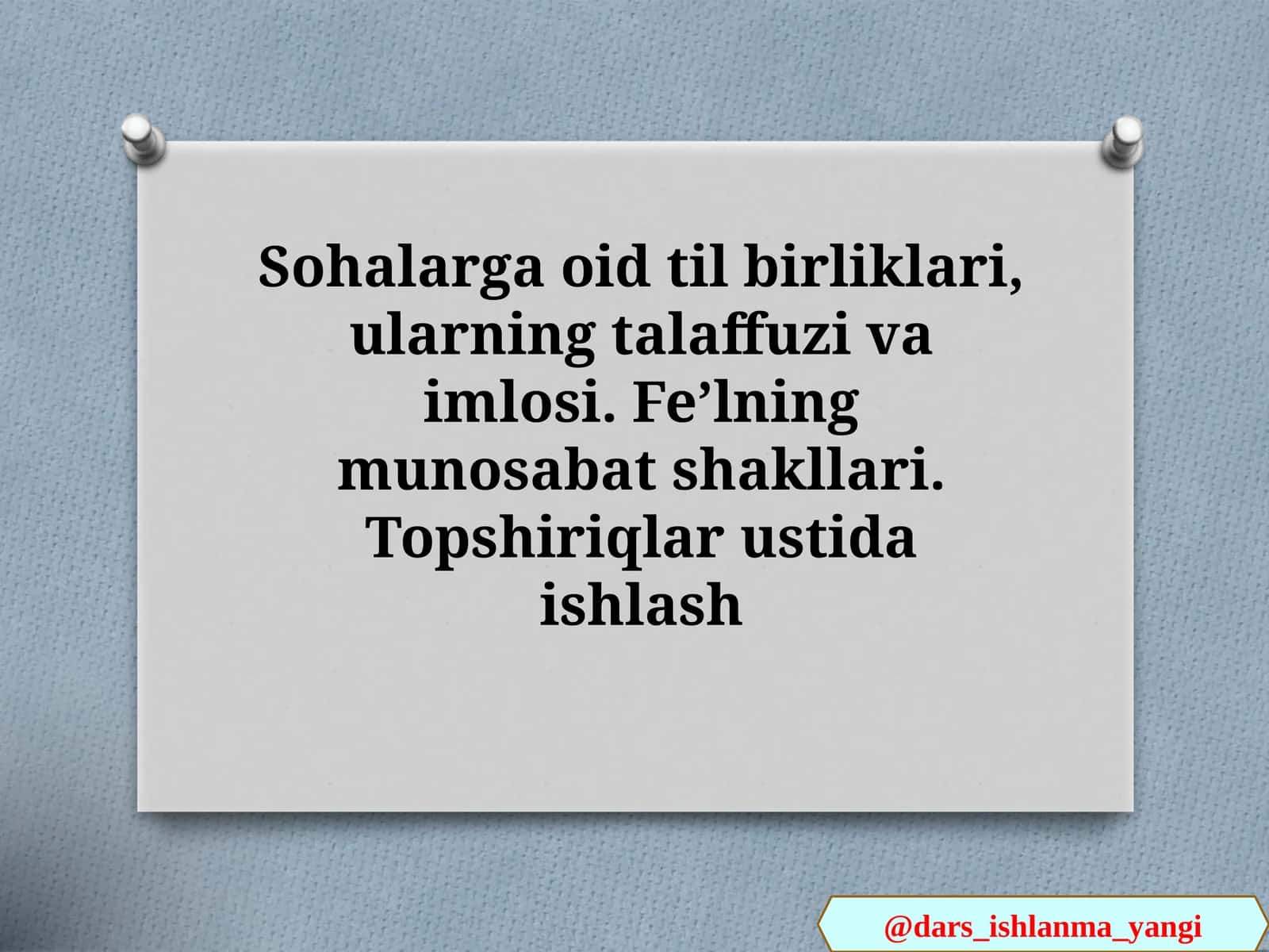 Sohalarga oid til birliklari, ularning talaffuzi va imlosi. Feʼlning munosabat shakllari. Topshiriqlar ustida ishlash
