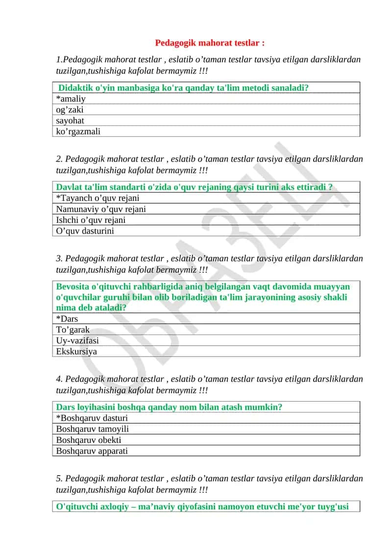 Pedagogik mahorat testlar