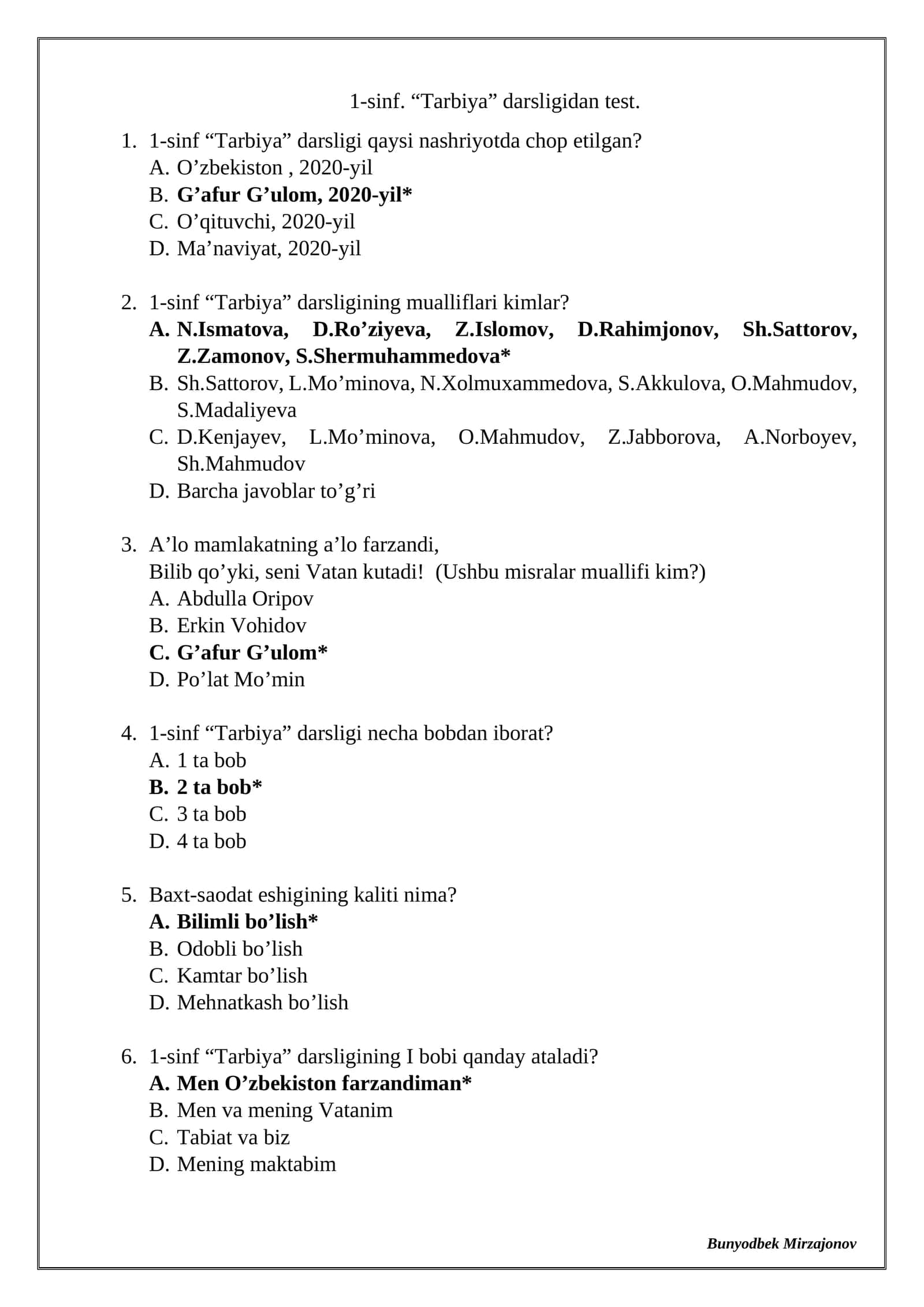 1-sinf. “Tarbiya” darsligidan test