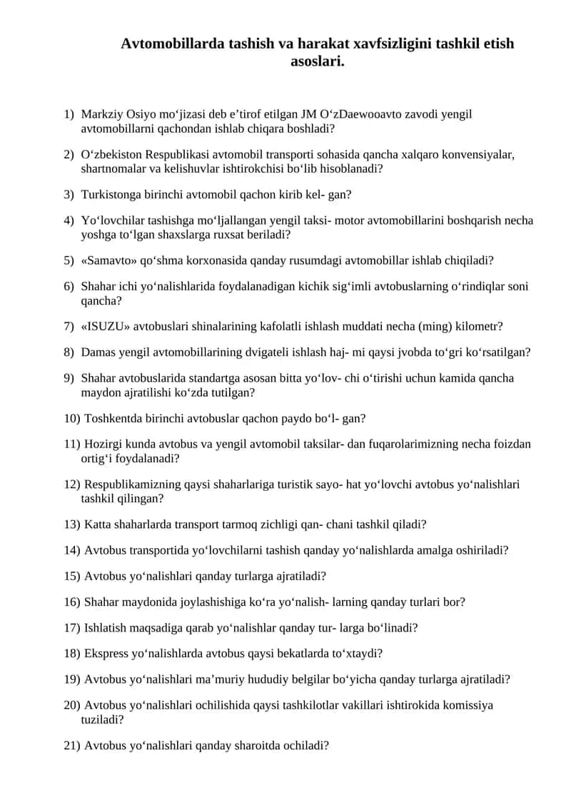 Avtomobillarda tashish va harakat xavfsizligini tashkil etish asoslari