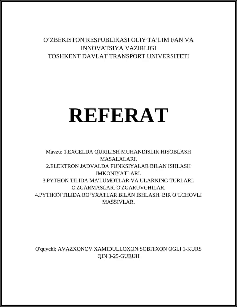 EXCELDA QURILISH MUHANDISLIK HISOBLASH MASALALARI