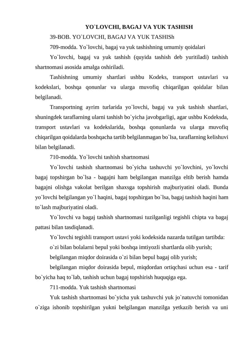 Yo`lovchi, bagaj va yuk tashish