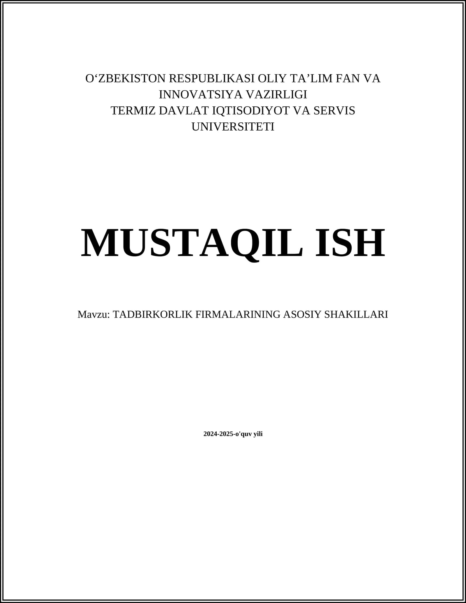 TADBIRKORLIK FIRMALARINING ASOSIY SHAKILLARI