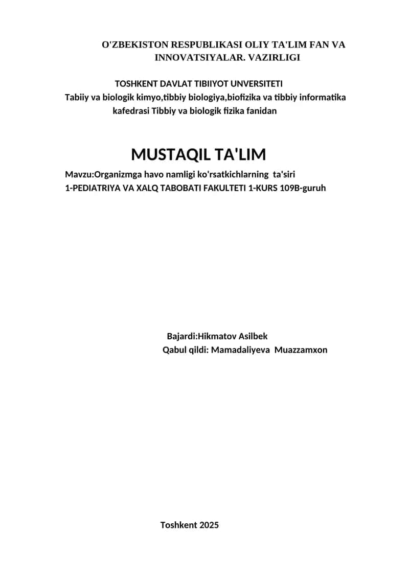 Organizmga havo namligi ko'rsatkichlarning ta'siri