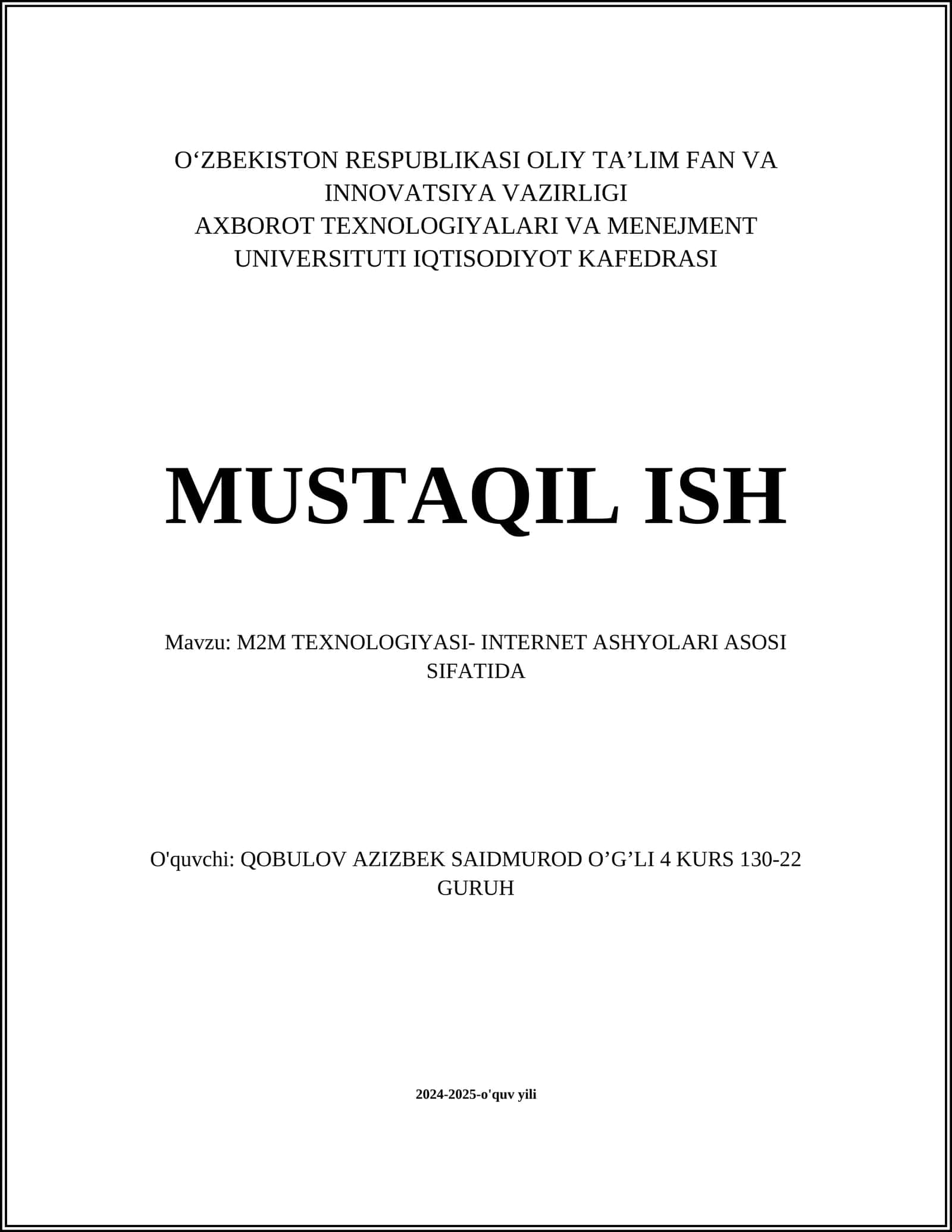 M2M TEXNOLOGIYASI- INTERNET ASHYOLARI ASOSI SIFATIDA