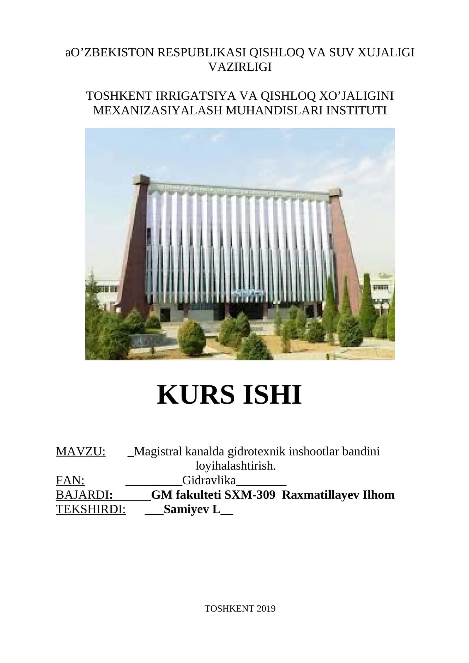 Magistral kanalda gidrotexnik inshootlar bandini loyihalashtirish
