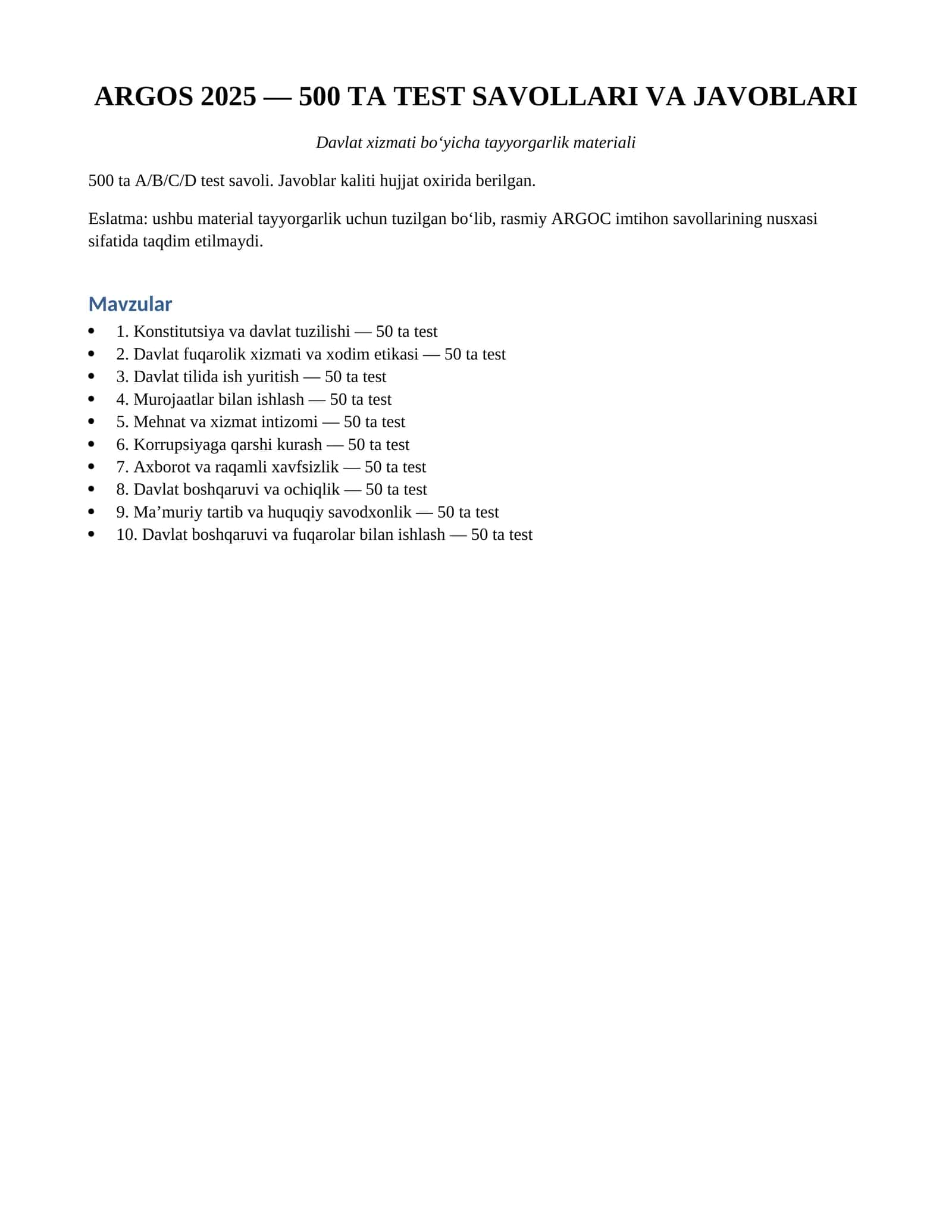 ARGOС 2025 — Davlat xizmatchilari uchun yangi testlar va javoblar