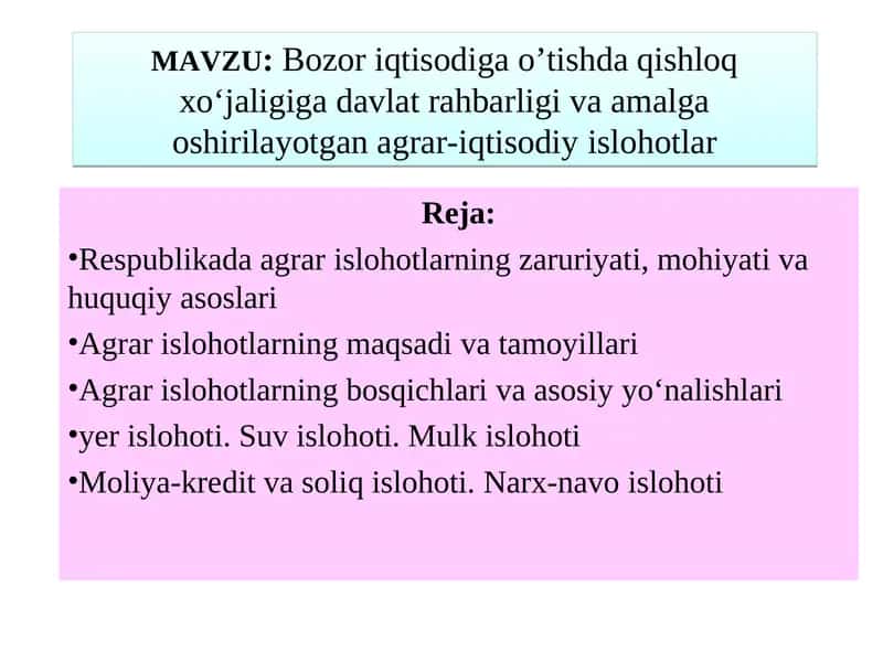 Bozor iqtisodiga o’tishda qishloq xo‘jaligiga davlat rahbarligi va amalga oshirilayotgan agrar-iqtisodiyislohotlar