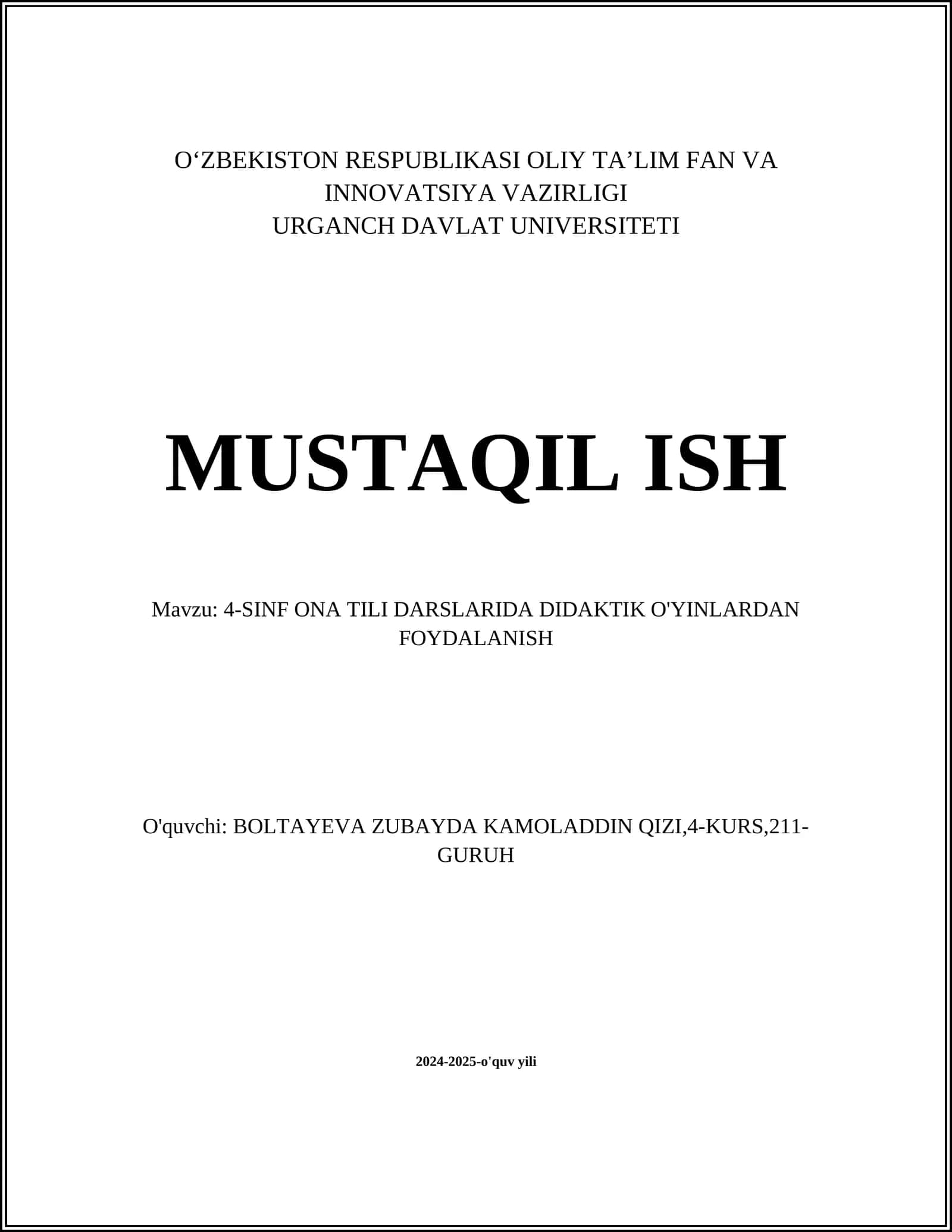 4-SINF ONA TILI DARSLARIDA DIDAKTIK O'YINLARDAN FOYDALANISH