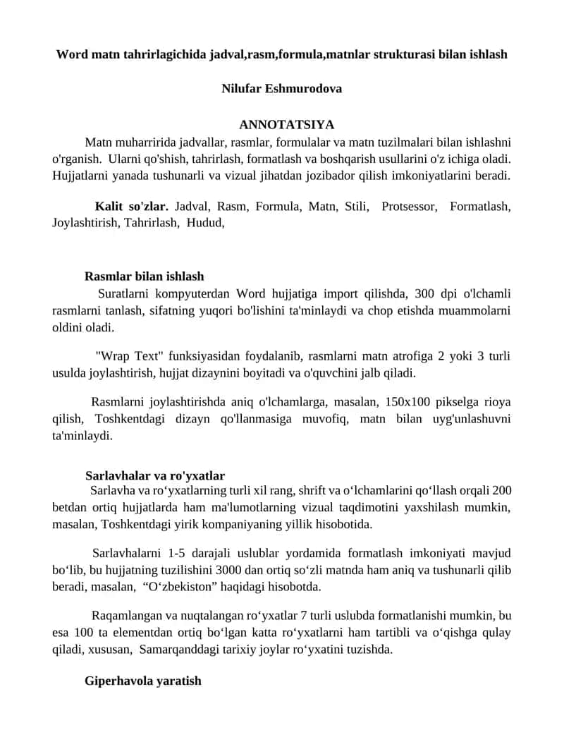 Matn tahrirlagichida jadval, rasm, formula, matnlar strukturasi bilan ishlash
