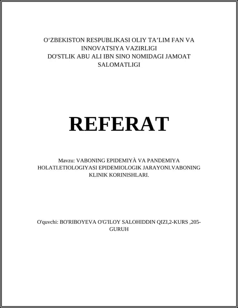 VABONING EPIDEMIYÀ VA PANDEMIYA HOLATI.ETIOLOGIYASI EPIDEMIOLOGIK JARAYONI.VABONING KLINIK KORINISHLARI