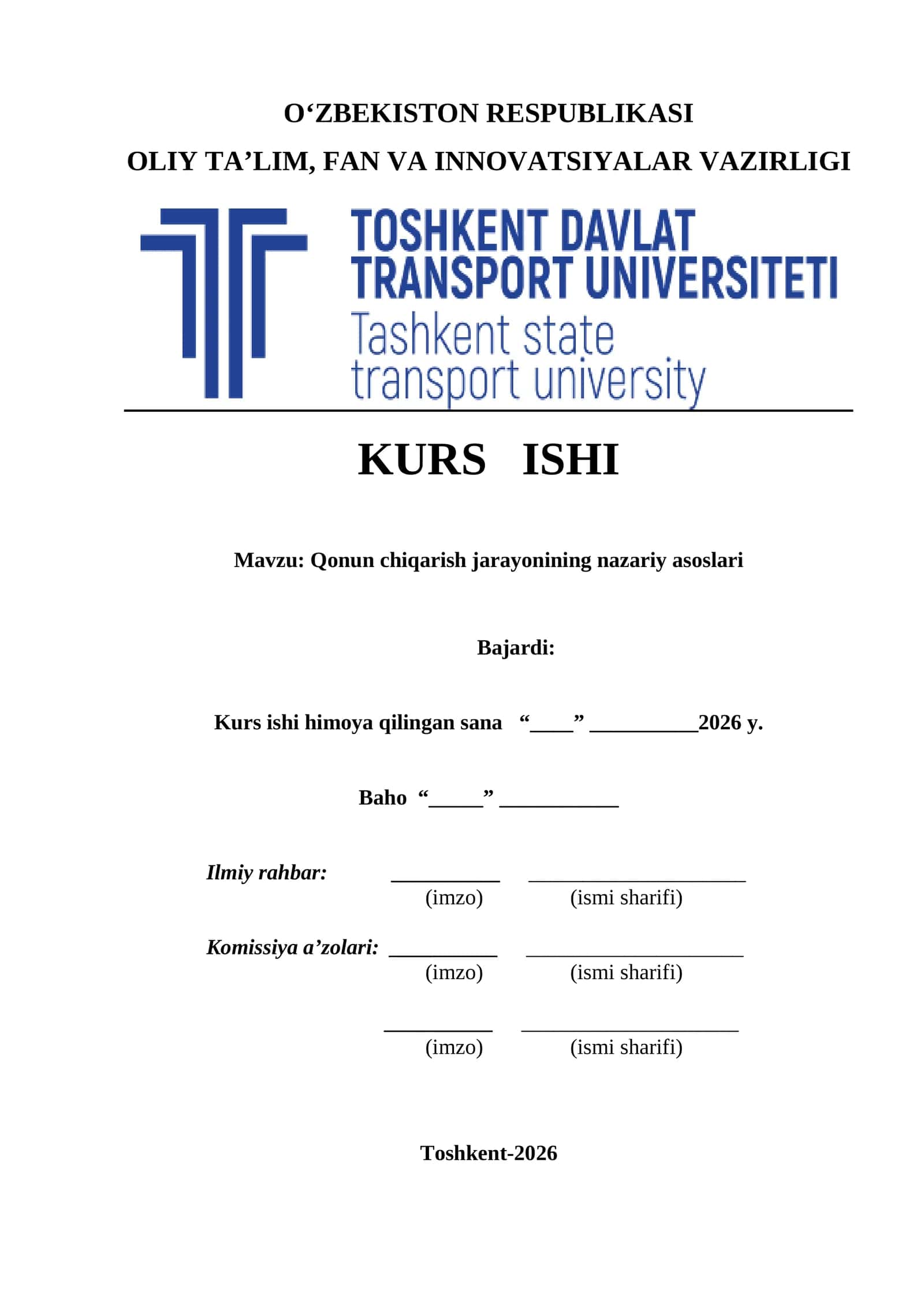 Qonun chiqarish jarayonining nazariy asoslari kurs ishi