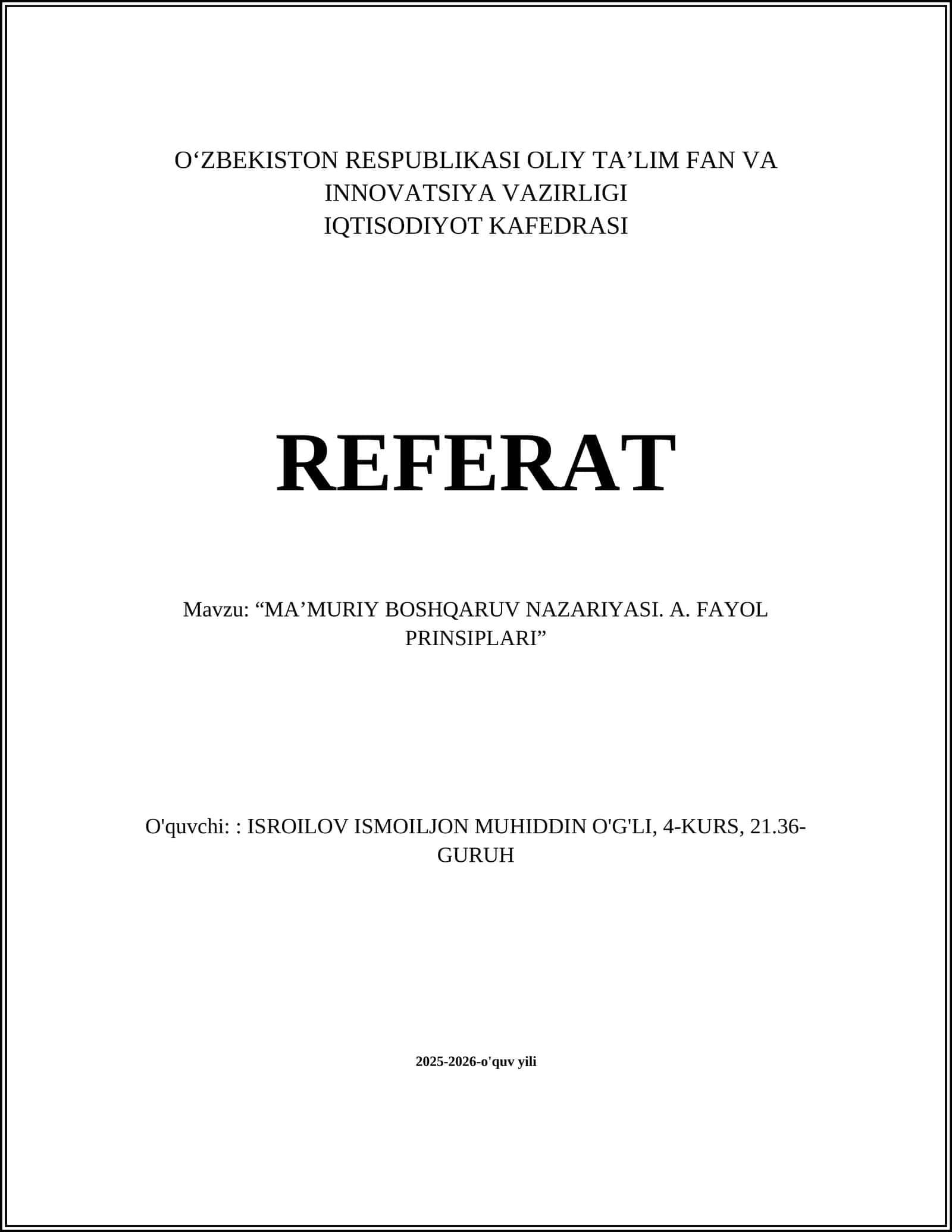 "MA’MURIY BOSHQARUV NAZARIYASI. A. FAYOL PRINSIPLARI"