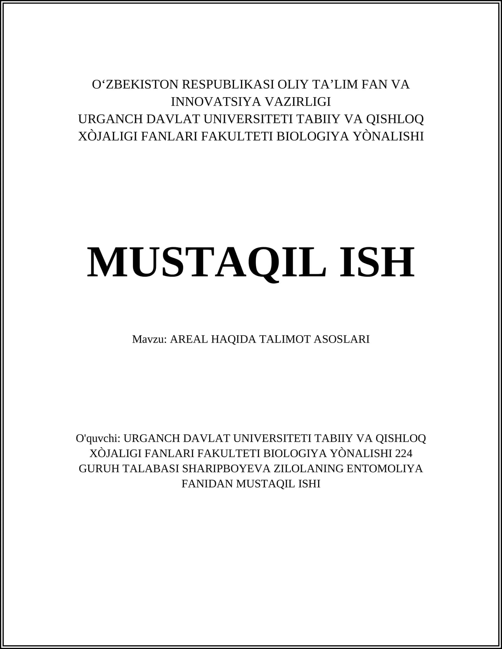 AREAL HAQIDA TALIMOT ASOSLARI