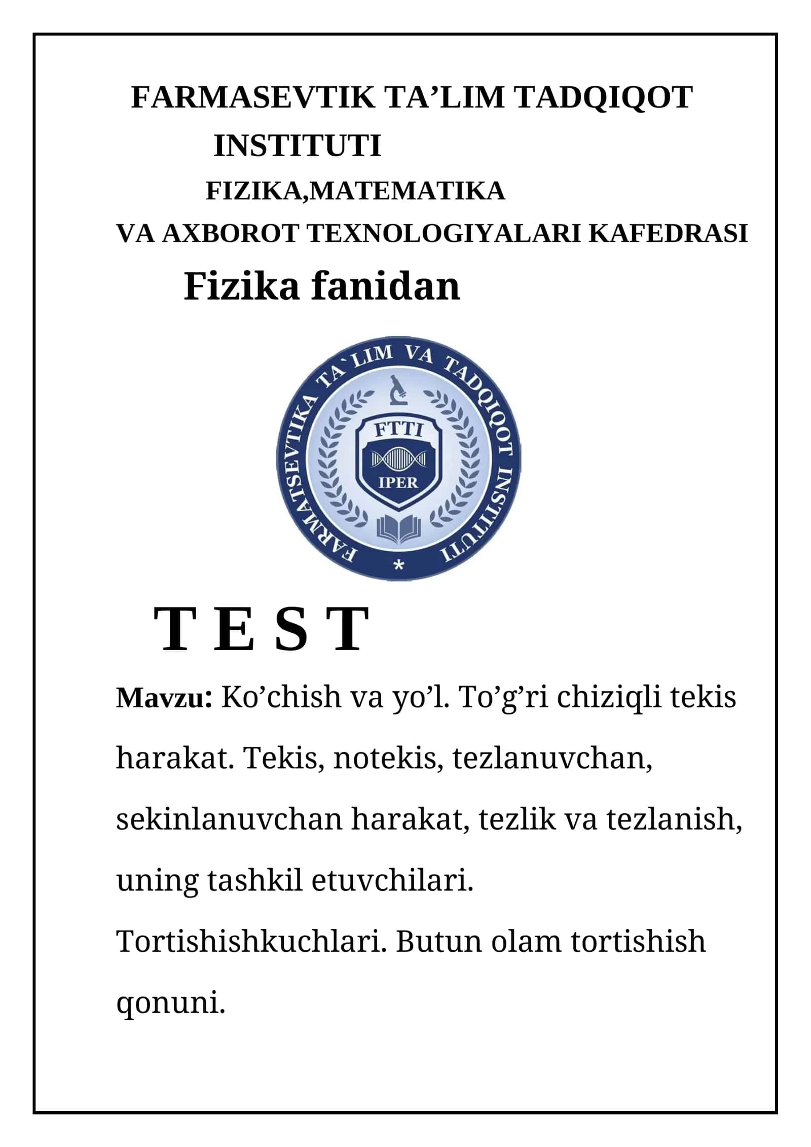 Fizika fanidan T E S T