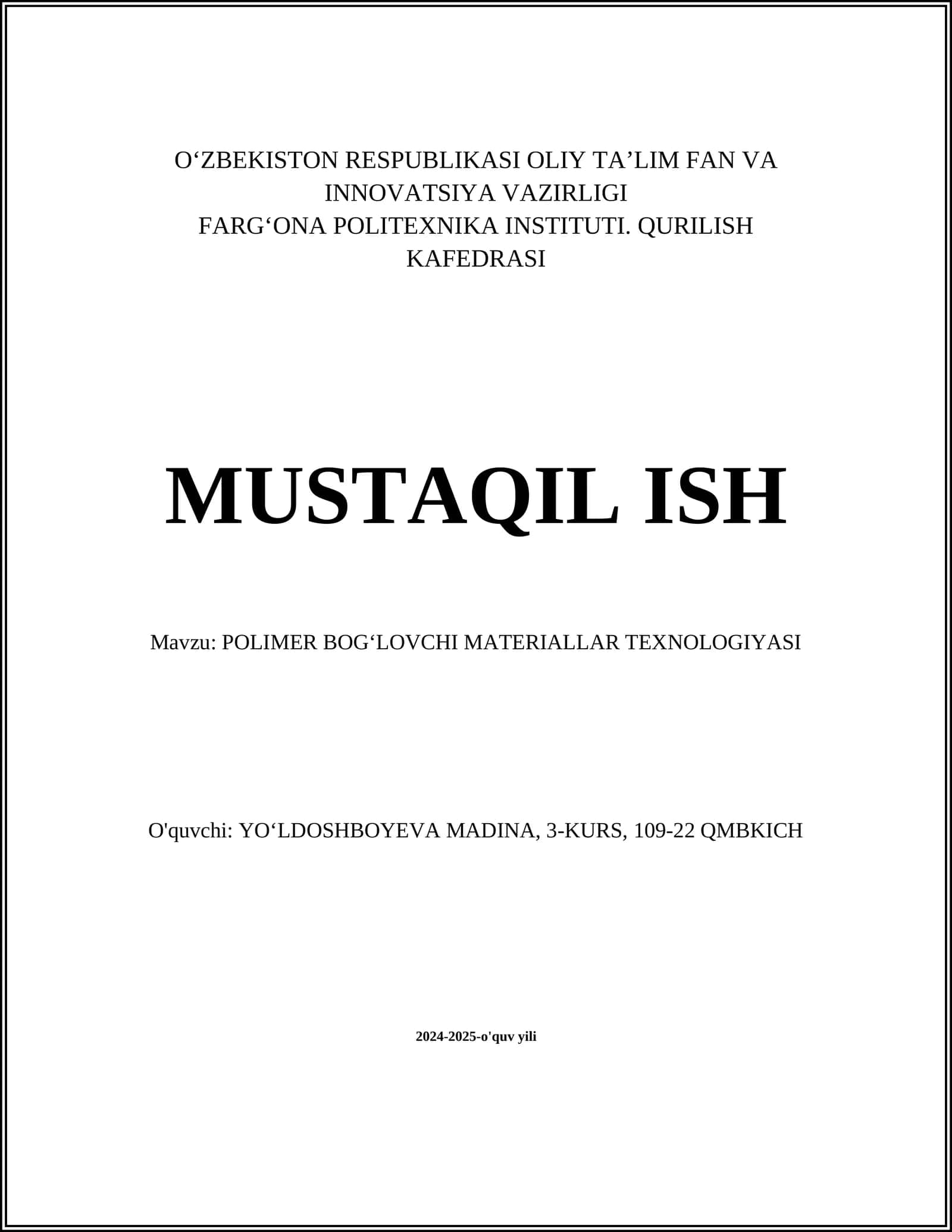 POLIMER BOGʻLOVCHI MATERIALLAR TEXNOLOGIYASI