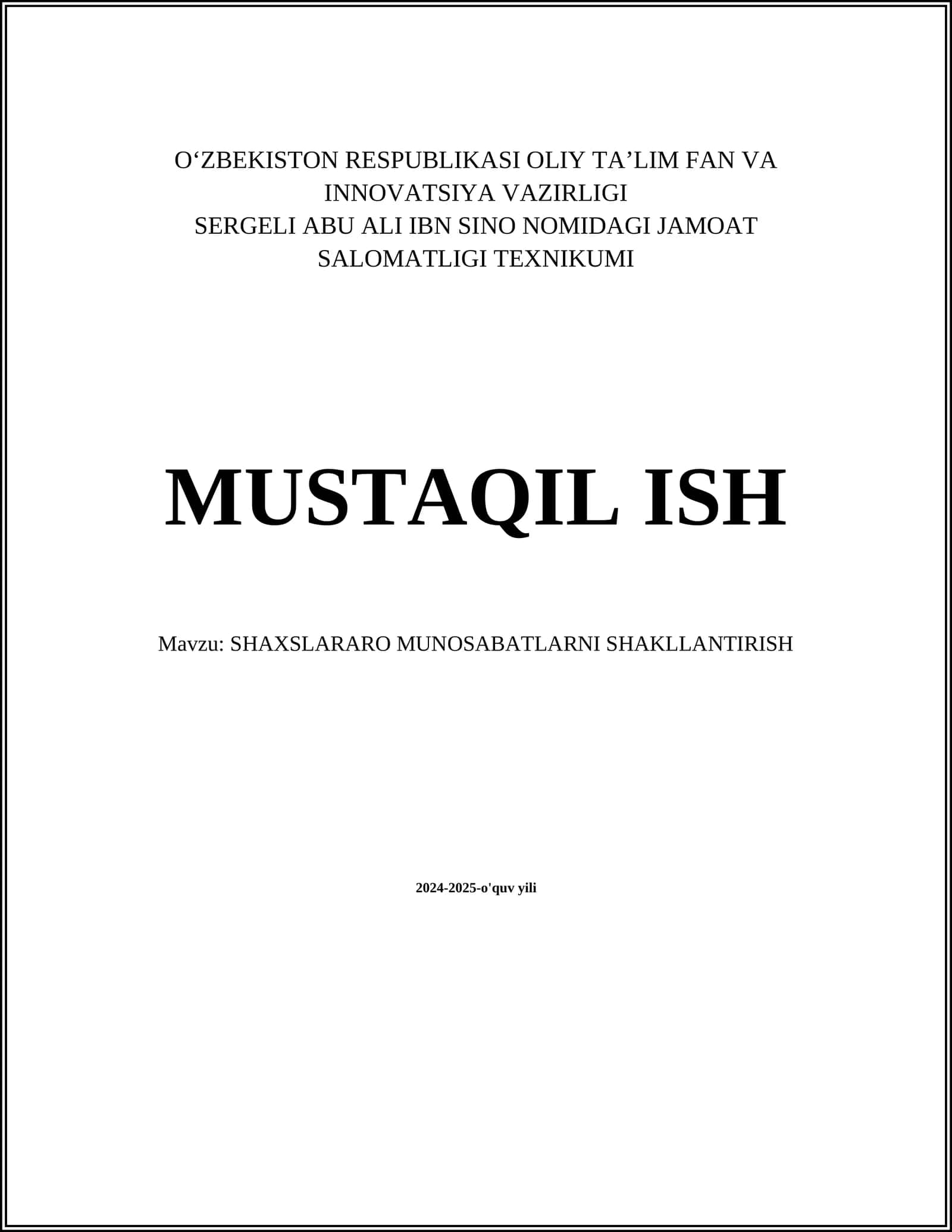 SHAXSLARARO MUNOSABATLARNI SHAKLLANTIRISH