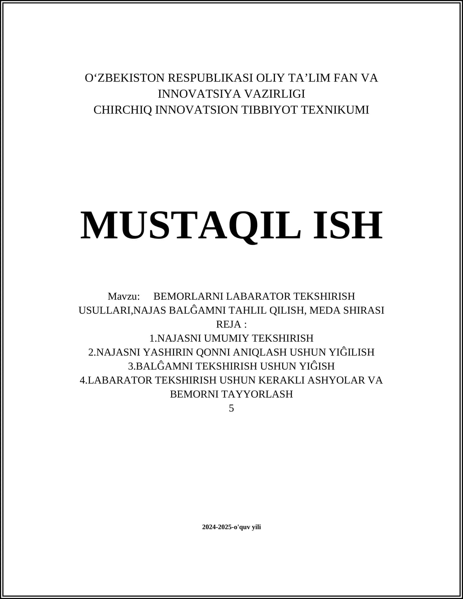 BEMORLARNI LABARATOR TEKSHIRISH USULLARI,NAJAS BALĜAMNI TAHLIL QILISH, MEDA SHIRASI