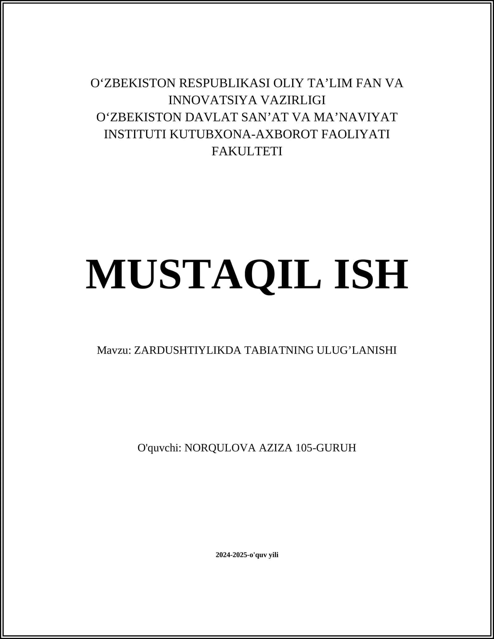 ZARDUSHTIYLIKDA TABIATNING ULUGʼLANISHI