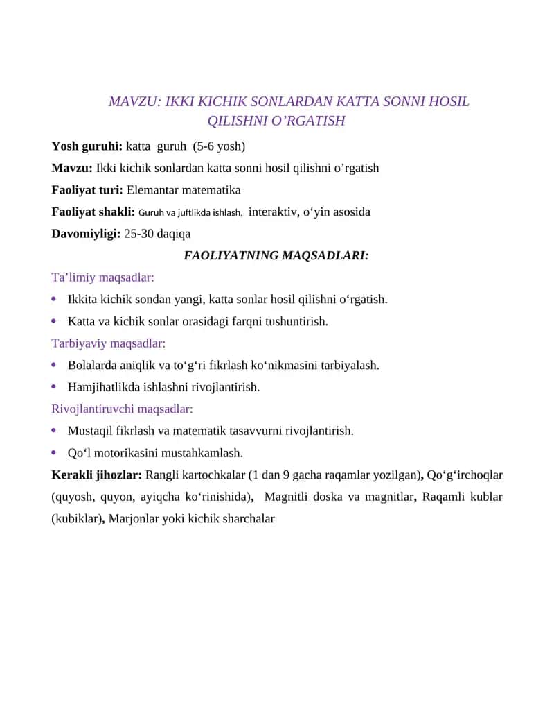 Ikki kichik sonlardan katta sonni hosil qilishni o’rgatish