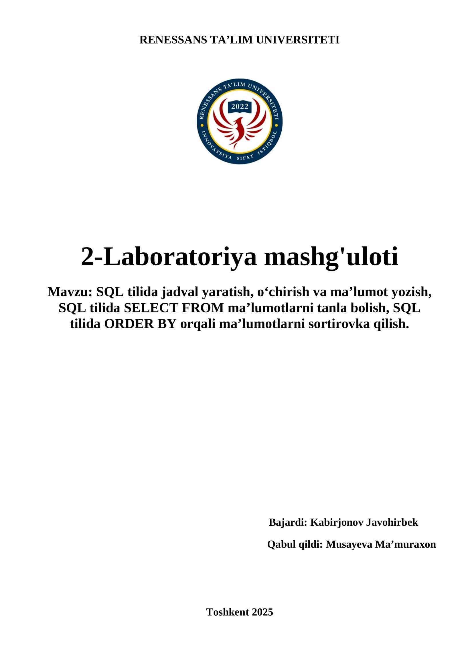 SQL tilida jadval yaratish