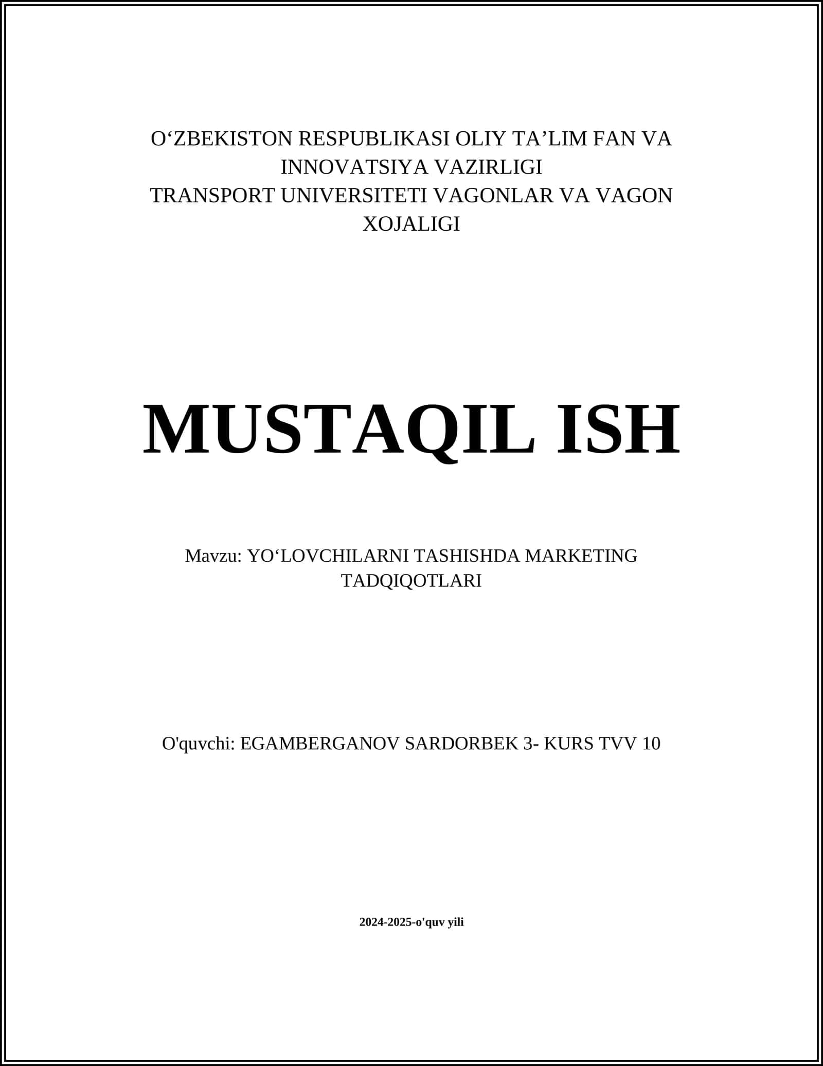 YOʻLOVCHILARNI TASHISHDA MARKETING TADQIQOTLARI