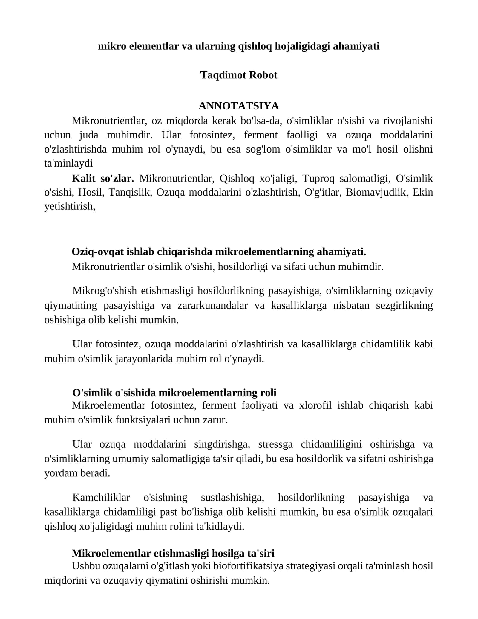 Mikronutrientlar va ularning qishloq hojaligidagi ahamiyati