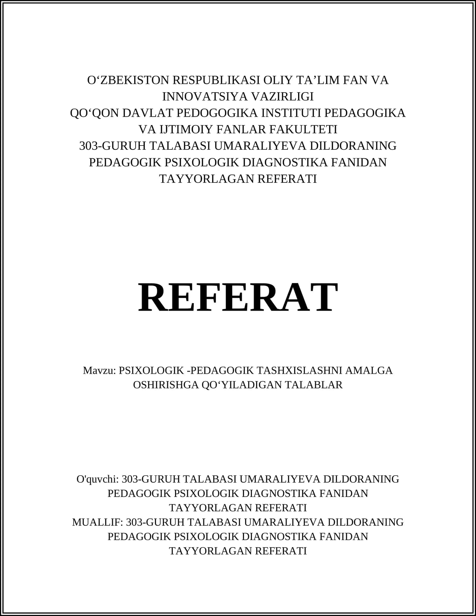 PEDAGOGIK PSIXOLOGIK DIAGNOSTIKA FANIDAN TAYYORLAGAN REFERATI