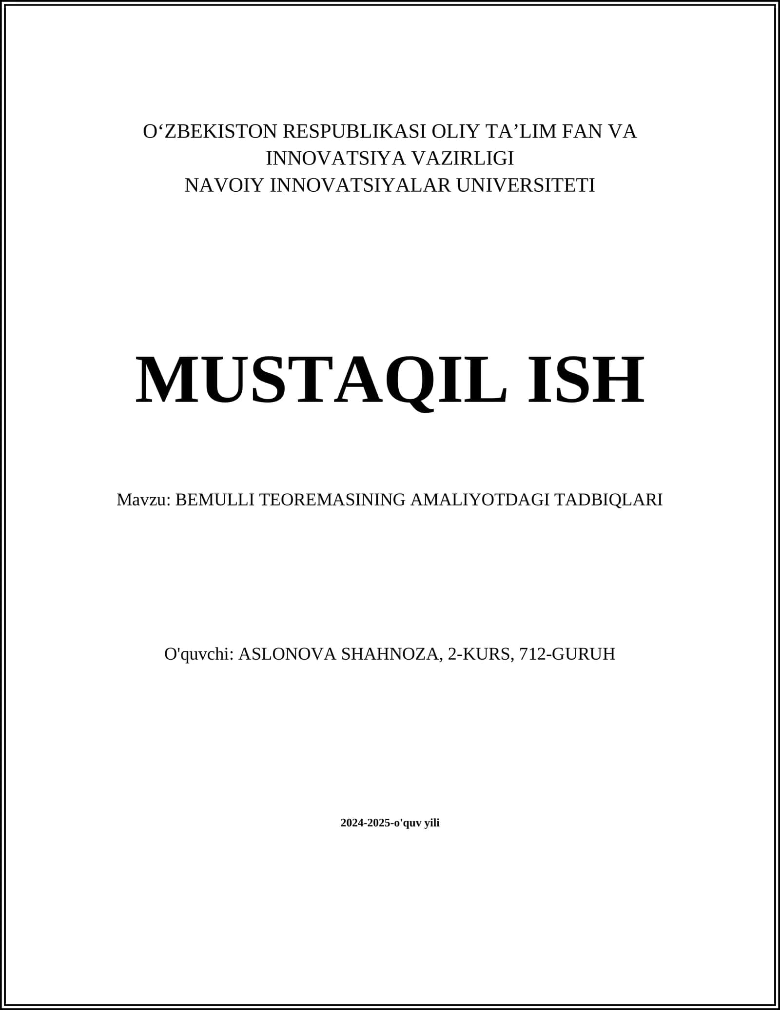BEMULLI TEOREMASINING AMALIYOTDAGI TADBIQLARI