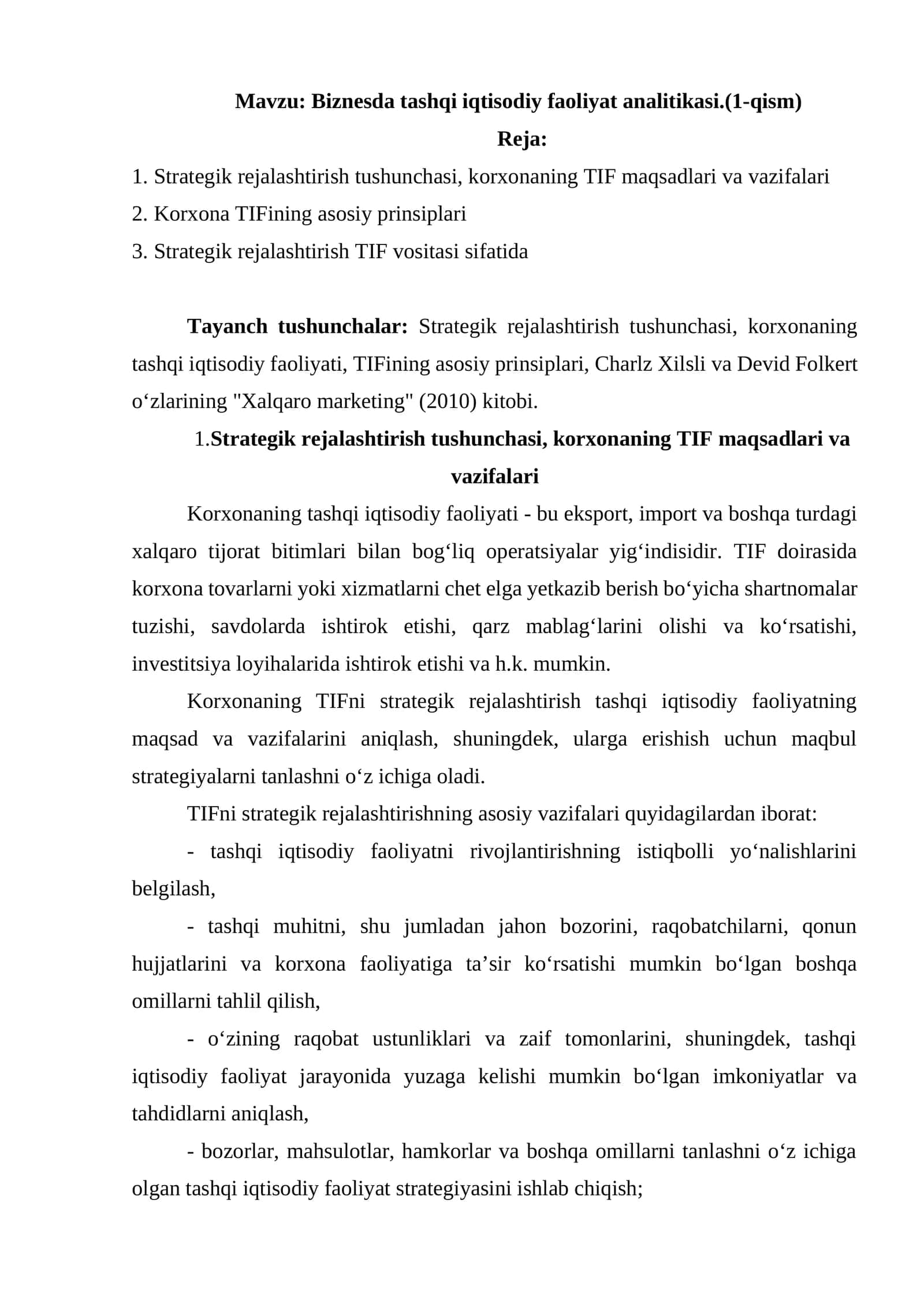 Biznesda tashqi iqtisodiy faoliyat analitikasi.(1-qism)