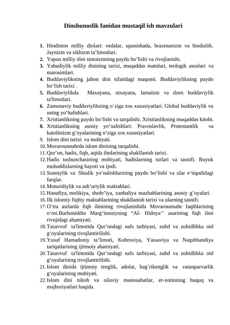 Dinshunoslik fanidan mustaqil ish mavzulari