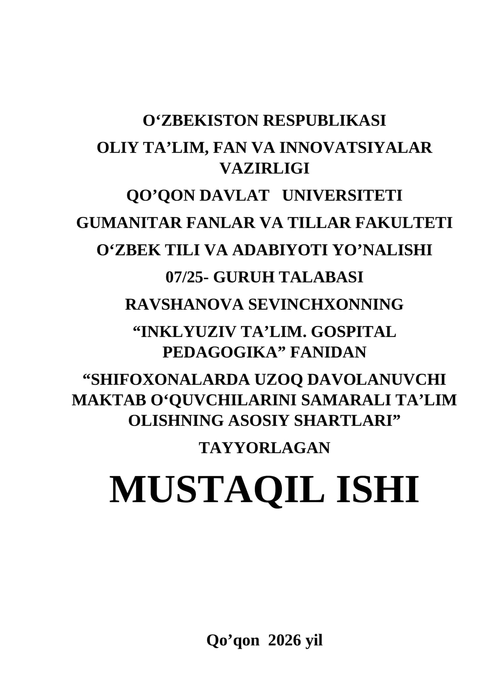 “SHIFOXONALARDA UZOQ DAVOLANUVCHI MAKTAB OʻQUVCHILARINI SAMARALI TAʼLIM OLISHNING ASOSIY SHARTLARI”
