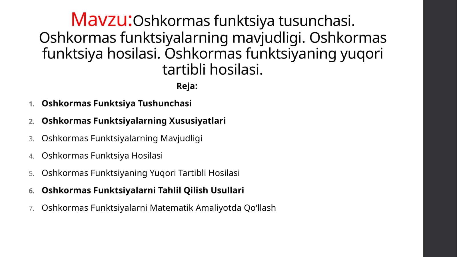Oshkormas funktsiyatusunchasi