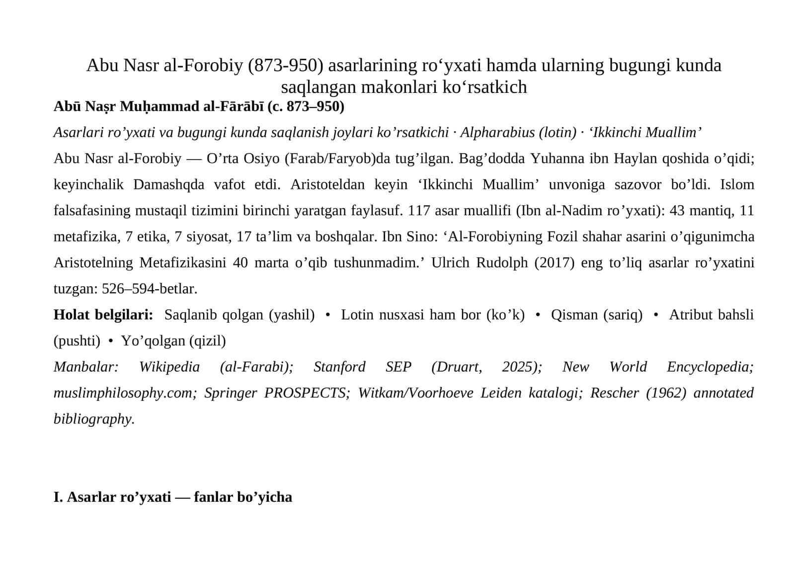 Abu Nasr al-Forobiy (873-950) asarlarining roʻyxati va bugungi kunda saqlanish joylari
