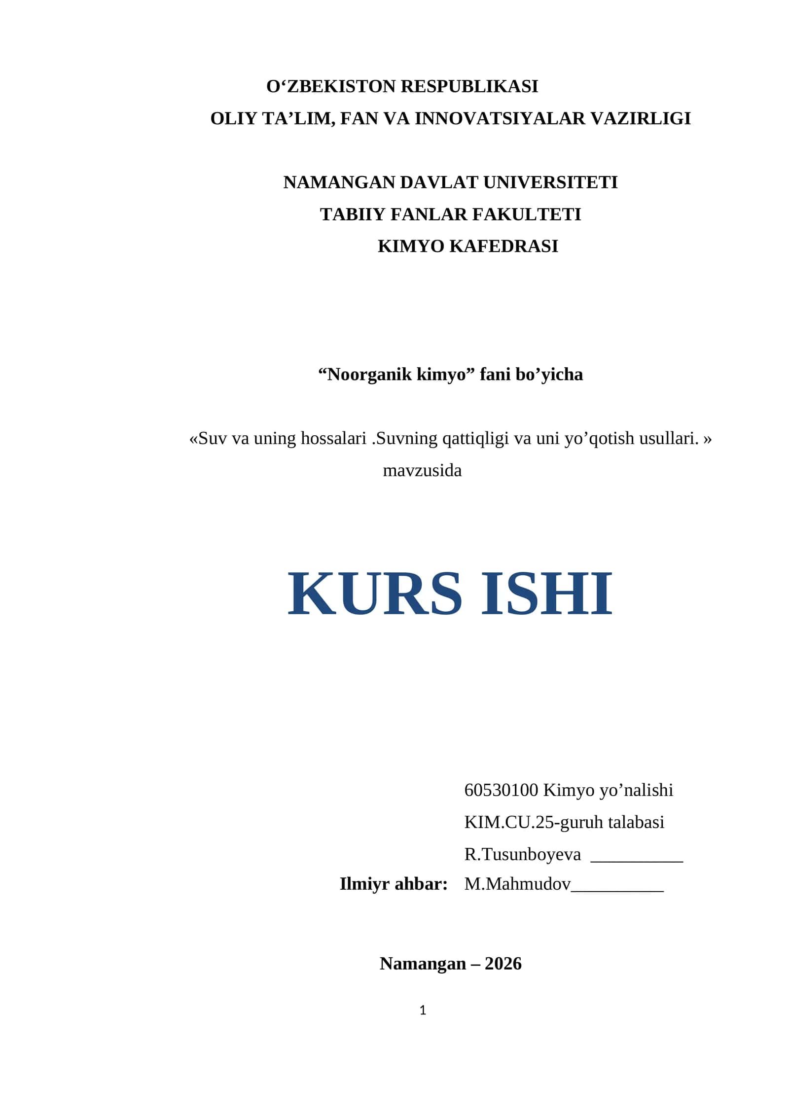 Suv va uning hossalari.Suvning qattiqligi va uni yo’qotish usullari