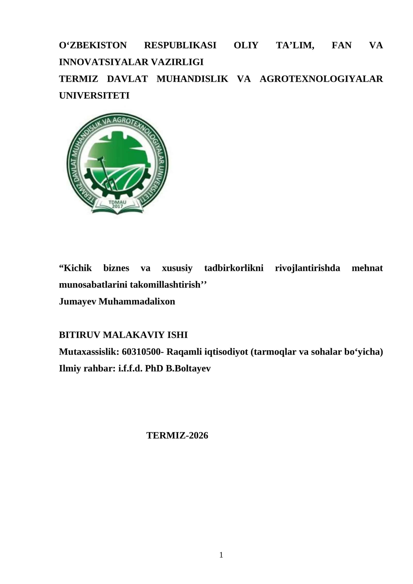 Kichik biznes va xususiy tadbirkorlikni rivojlantirishda mehnat munosabatlarini takomillashtirish