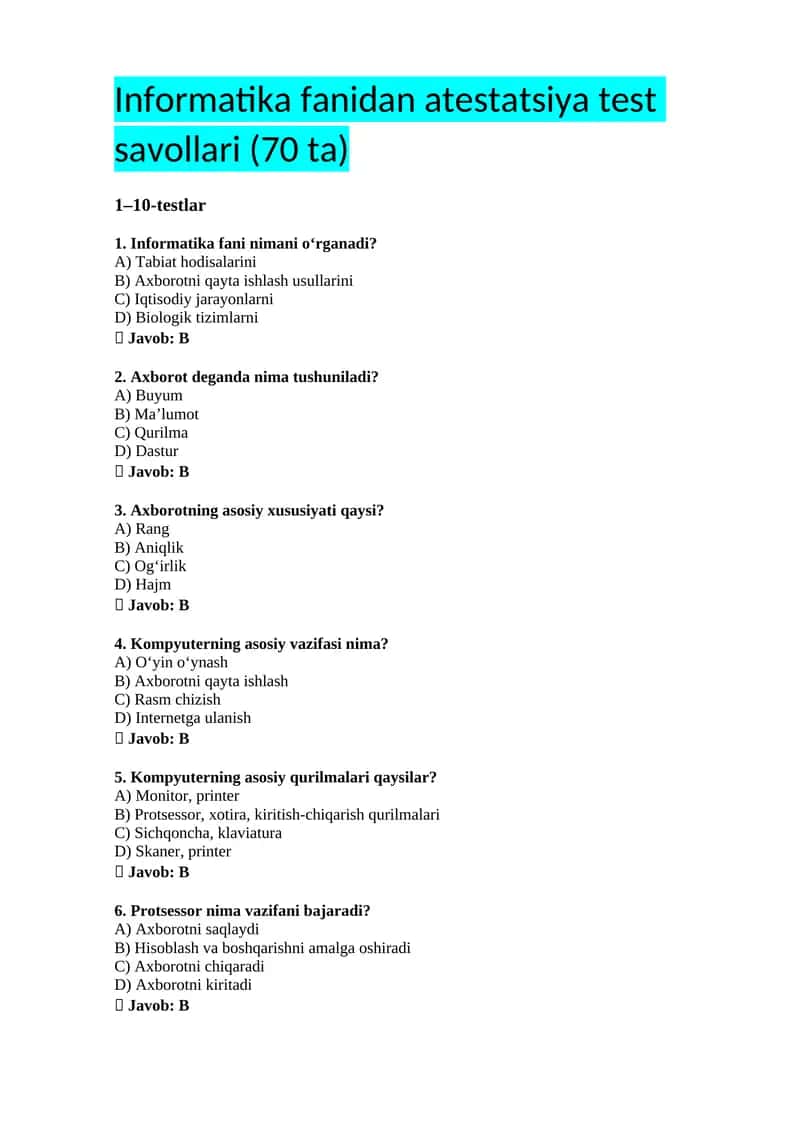 Informatika fanidan atestatsiya test savollari (70 ta)