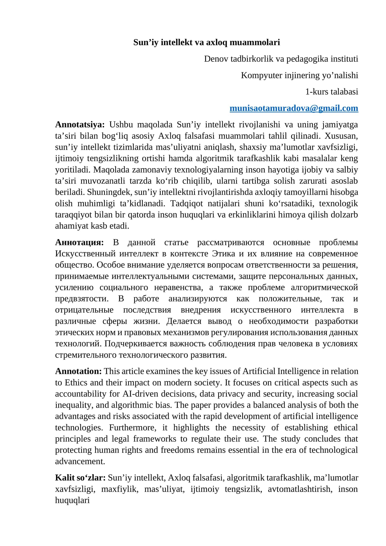 Sun’iy intellekt va axloq muammolari