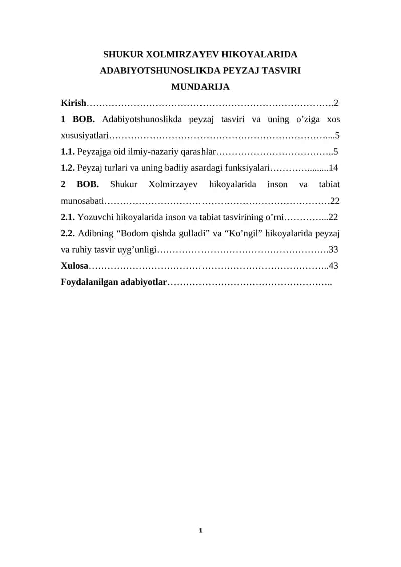 SHUKUR XOLMIRZAYEV HIKOYALARIDA ADABIYOTSHUNOSLIKDA PEYZAJ TASVIRI