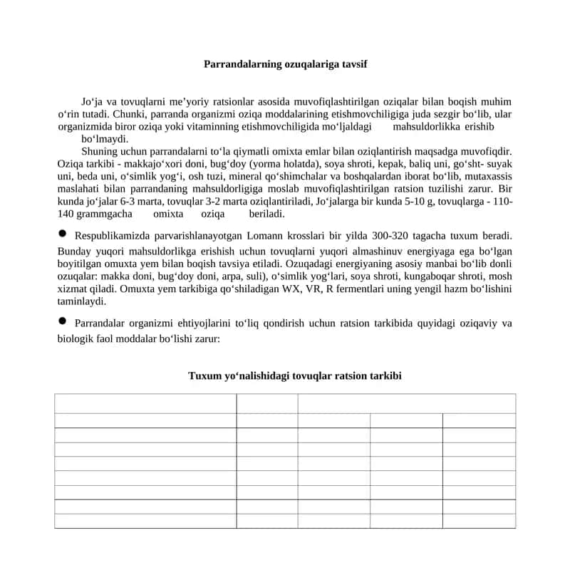 Parrandalarning ozuqalariga tavsif