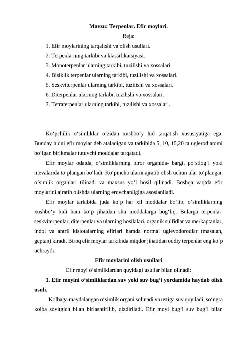 Terpenlar. Efir moylari.