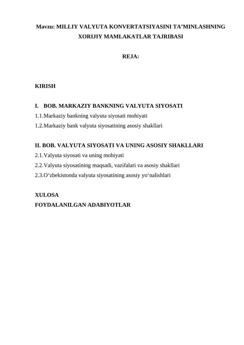 MILLIY VALYUTA KONVERTATSIYASINI TA’MINLASHNING XORIJIY MAMLAKATLAR TAJRIBASI